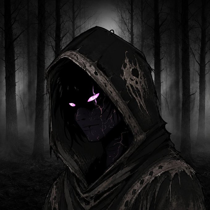 A hooded figure with glowing purple eyes stands in a dark, misty forest, fitting the eerie aesthetic of the @Haunting_Hoods giveaway promotion. The shadowy, supernatural vibe of the image complements the haunting theme of the project offering NFT spots.