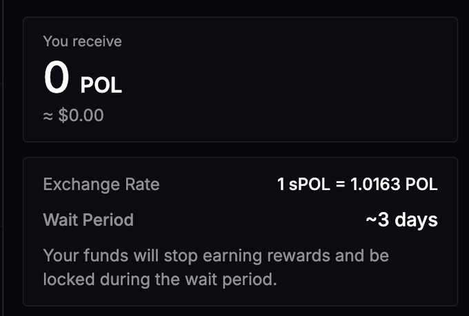 A dark-themed cryptocurrency staking interface showing 'You receive 0 POL ≈ $0.00' with an exchange rate of '1 sPOL = 1.0163 POL' and a wait period of approximately 3 days.