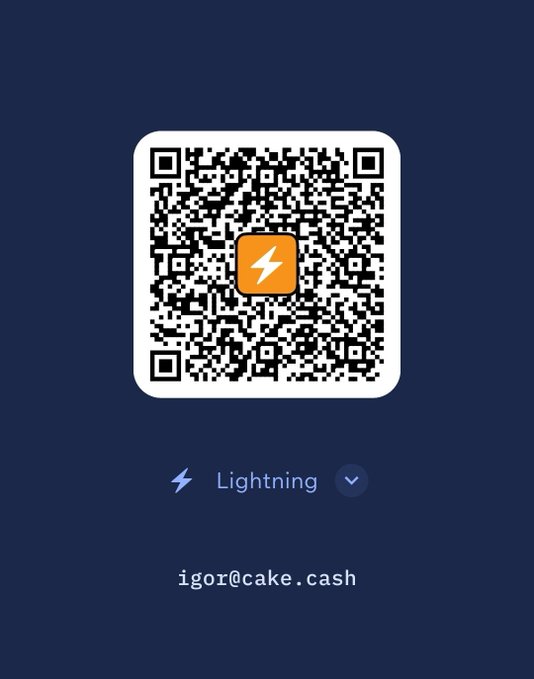 A Lightning Network QR code for the email address igor@cake.cash is displayed against a dark blue background.