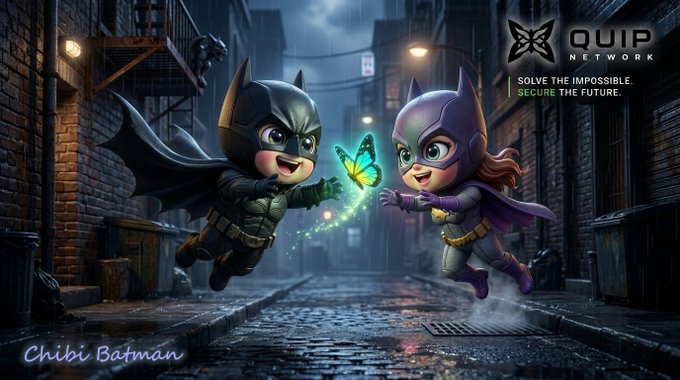 The image features two cartoon characters, a boy dressed as Batman and a girl dressed as a fairy or witch, standing together on a street with a butterfly between them. They are both smiling at each other, creating an atmosphere of friendship and camaraderie. The background includes a brick wall and a building, which adds to the urban setting of the scene. The image also contains text that reads "quip network" and "most security discussions in crypto focus on today'S problems. What keeps me watching @quipnetwork is the possibility that tomorrow'S problems may require a very different approach". This message suggests that the post might be discussing the importance of adapting to new challenges or situations, which can be applied to both the world of cryptocurrencies and traditional security discussions.