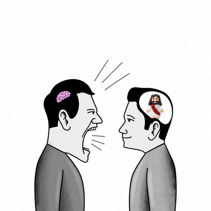 A cartoon shows an angry man yelling at a calm, smiling man, with a pink brain visible in the angry man's head and an image of Jesus inside the calm man's head. The image contrasts anger with inner peace and faith, reinforcing the post's message to remember who truly loves you, tied to the ticker $JLY.
