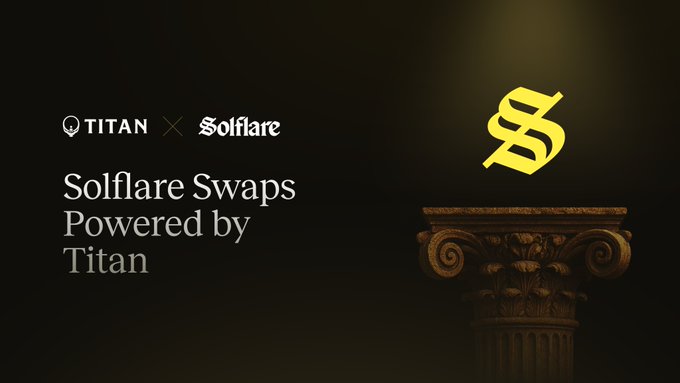 The image features a stone pillar standing tall against a black background with a gold logo of the word "Solflare" written above it. In the corner below the pillar, there are two lines of text that read "Solflare'S swaps on Solana are now powered by Titan This integration will bring more competitive prices and broader token coverage to Solflare wallet's native swaps Many people might not know that SEEKER @Solanamobile 's own wallet is built on Solflare underneath, which might".