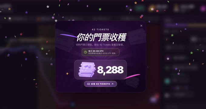 A dark-themed digital rewards screen with confetti effects displaying "42 TICKETS" and a payout of "8,288" in Chinese text ("你的门票收获").