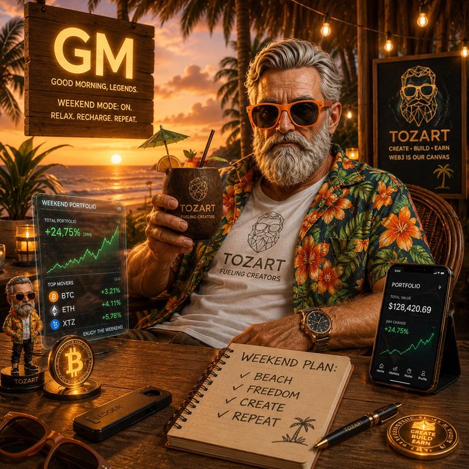 A digitally rendered promotional image shows a silver-bearded man in sunglasses and a floral Hawaiian shirt holding a 'TOZART' coconut drink, surrounded by crypto portfolio charts showing '+24.75%', BTC, ETH, and XTZ, plus a 'WEEKEND PLAN' notebook listing 'BEACH, FREEDOM, CREATE, REPEAT'.