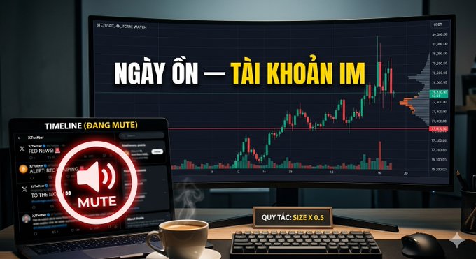 A Vietnamese trading-themed graphic with text 'NGÀY ÔN — TÀI KHOẢN IM' showing a curved monitor displaying a BTC/USDT 4-hour candlestick chart, a laptop with a 'MUTE' icon, a coffee cup and a 'QUY TẮC: SIZE X 0.5' sign.