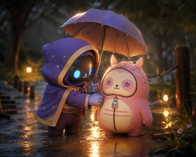 A whimsical 3D-rendered scene of a small hooded figure with glowing blue eyes holding an umbrella over a pink cat-like character in the rain at night.