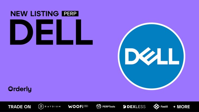 Promotional graphic announcing a new perpetual contract listing for DELL on Orderly, with the Dell logo and trading platform logos at the bottom including Raydium, WOOFi, PERPTools, DEXLESS, and FastX.