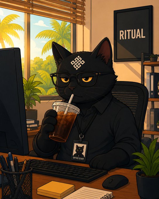 The image features a cartoon cat sitting at a desk with a computer monitor, keyboard, mouse, and other office supplies such as books and a cup filled with ice cream. The cat appears to be drinking from a straw while looking at the camera. The caption of the image reads "Centralized data collection has become the norm for many AI platforms @ritualnet Network challenges that model by advancing data sovereignty empowering intelligent systems to operate efficiently while keeping data ownership, privacy, and control in the hands of users." This post is related to the image because it highlights the importance of data privacy and control in today's digital age. The cat represents a playful and lighthearted approach to discussing serious topics like AI and data collection.