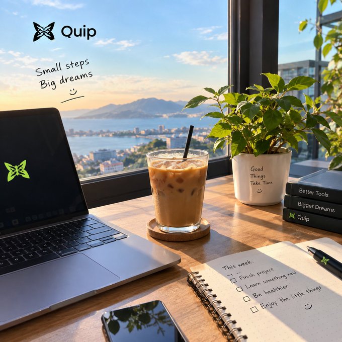 A lifestyle workspace scene branded "Quip" featuring a laptop with a butterfly logo, an iced coffee, a potted plant with "Good Things Take Time" text, and a weekly to-do checklist with a scenic coastal view in the background.