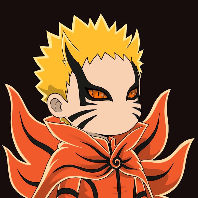 Anime-style chibi illustration of Naruto Uzumaki in his Nine-Tails sage mode form, featuring orange eyes and whisker marks.