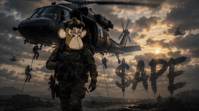 A digital artwork shows a monkey wearing a military helmet and tactical gear, holding a rifle while walking in front of a large black helicopter with soldiers rappelling down. The text "$APE" is prominently displayed in large, grunge-style letters.