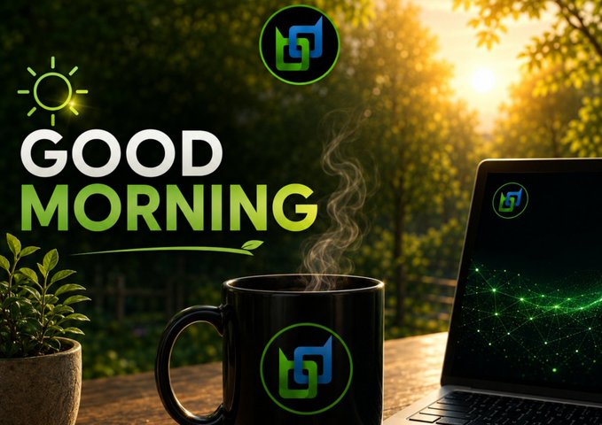 A "GOOD MORNING" graphic featuring a steaming black mug with a green/blue logo, a laptop, and a small plant against a sunlit forest background.