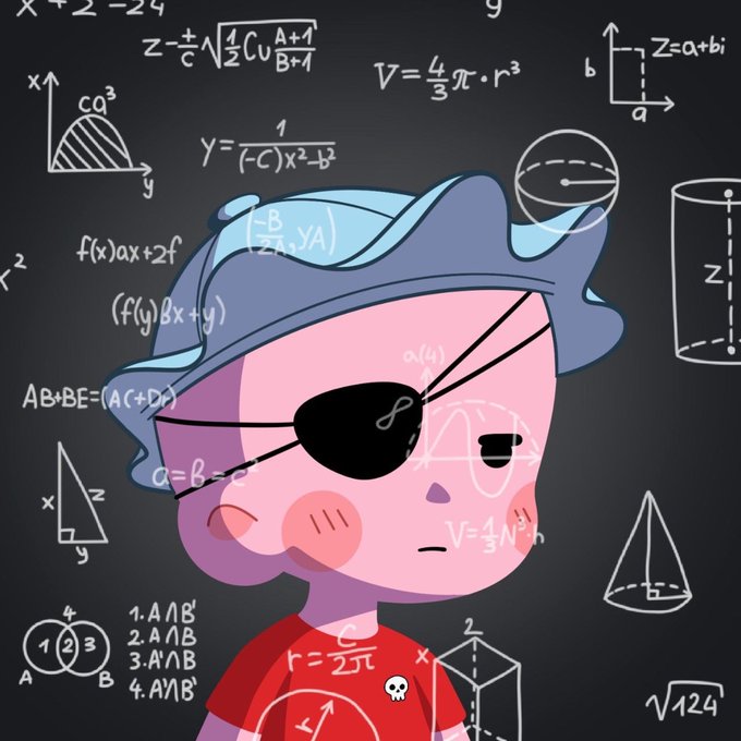 A stylized cartoon character with blue hair, an eyepatch, and a red shirt stands in front of a chalkboard covered in mathematical equations, geometric shapes, and formulas.
