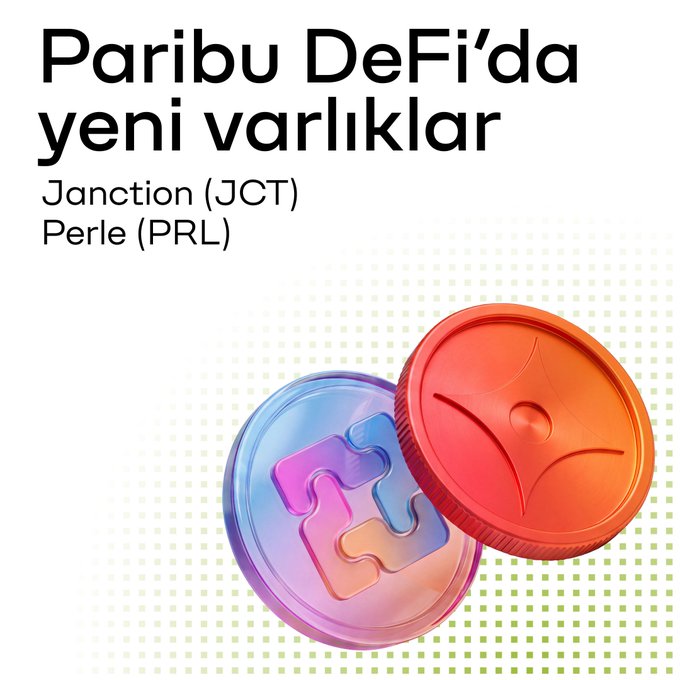 A promotional graphic announces new assets on Paribu DeFi featuring Janction (JCT) and Perle (PRL), with stylized 3D-rendered coin tokens—one resembling a puzzle piece in blue and pink, the other displaying a bird emblem in orange—displayed below the headline "Paribu DeFi'da yeni varlıklar" against a dotted green background.