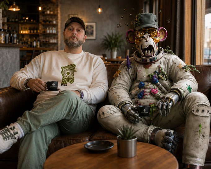 The image features two men sitting on a couch with one of them holding a cup while the other has a coffee mug. They are both wearing funny costumes, possibly as part of an event or performance. The man on the left side of the couch is wearing a white shirt and green pants, while the man on the right side is dressed in a monkey costume. There is also a potted plant visible near them. The image includes text that reads "If you'r a Chinese-speaking monkey. But I didn't follow you, that'S my problem. Please leave a message for me to follow Are you a monkey? bored ape yacht club".