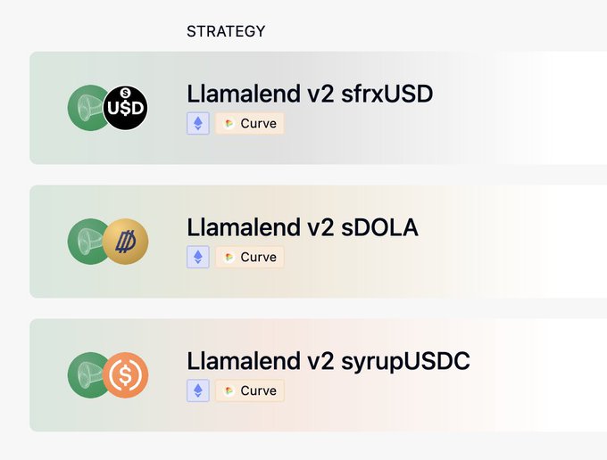 The image displays a "STRATEGY" section listing three Llamalend v2 options: sfrxUSD, sDOLA, and syrupUSDC, each paired with an Ethereum and Curve logo. This relates to the "LL2 time!" post by showcasing the available Llamalend v2 lending strategies on Curve.