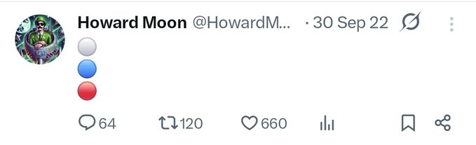 A Twitter post by Howard Moon (@HowardM...) dated 30 Sep 22 displays three vertically aligned colored circles—white, blue, and red—with engagement metrics showing 64 replies, 120 retweets, and 660 likes, posted under the hashtag #XRP, where the traffic light colors may symbolize a bullish (green/red) sentiment shift for XRP.