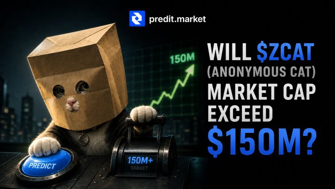 A predict.market promotional image featuring a cat with a paper bag over its head, asking 'WILL $ZCAT (ANONYMOUS CAT) MARKET CAP EXCEED $150M?' with a target of 150M+.