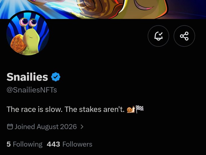 A Twitter profile for "Snailies" (@SnailiesNFTs) with the bio "The race is slow. The stakes aren't. 🐌🏁", joined August 2026, showing 443 followers.