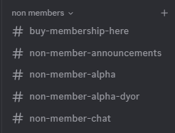 A Discord channel list under the "non members" category displays five text channels: #buy-membership-here, #non-member-announcements, #non-member-alpha, #non-member-alpha-dyor, and #non-member-chat. This aligns with the post teasing upcoming access for non-members in the MintedNFTs Discord, listing the dedicated channels they'll soon be able to view.