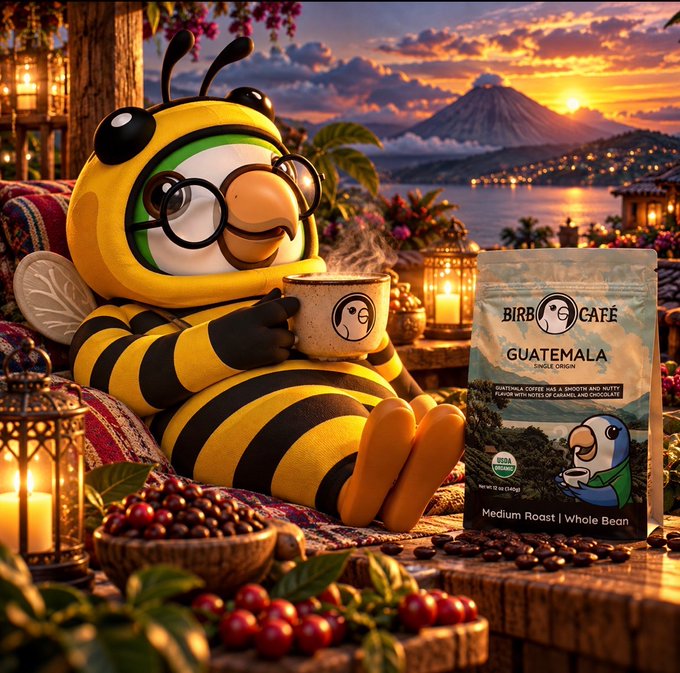 A bee mascot wearing glasses lounges with coffee, next to a 'BIRB CAFÉ GUATEMALA' medium roast whole bean coffee bag against a sunset lakeside backdrop.