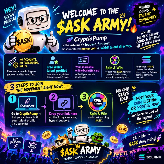 A promotional graphic for '$ASK Army' by CrypticPump featuring a robot mascot, Solana branding, and instructions for joining their meme coin and Web3 talent directory with three steps: list a coin, drop a link, and spin to win.