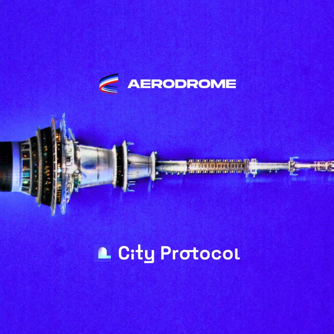 An advertisement graphic with a deep blue background featuring the Aerodrome logo and an upside-down image of the Tokyo Skytree, with text reading 'AERODROME' and '🛡 City Protocol'.