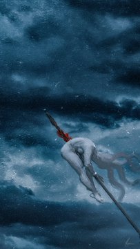 A pale figure with long limbs and a red, spear-like head crouching against a dark, cloudy, and atmospheric background.