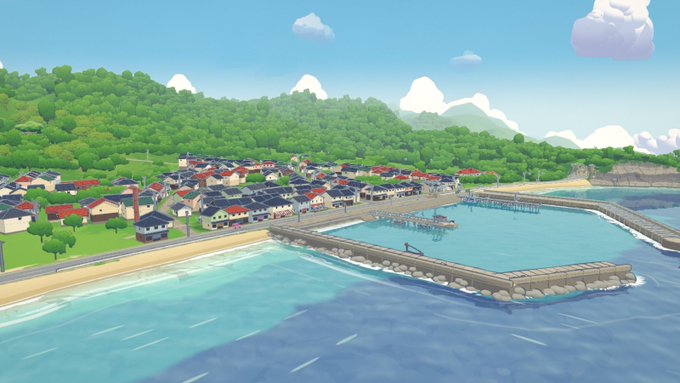 A colorful animated scene depicting a picturesque Japanese coastal village with houses nestled among green hills, a calm harbor with stone breakwaters, and turquoise waters under a bright blue sky.