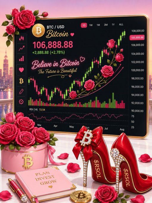 A vibrant pink and black financial-themed illustration featuring a BTC/USD Bitcoin chart showing a price of 106,888.88 (+2.78%), with "Believe in Bitcoin - The Future is Beautiful" text, red roses, and red high heels with Bitcoin symbols.
