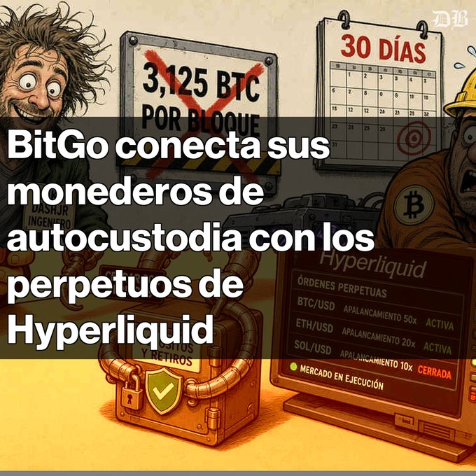 A Spanish-language illustration about cryptocurrency featuring the headline 'BitGo conecta sus monederos de autocustodia con los perpetuos de Hyperliquid,' showing cartoon miners and a computer displaying BTC/USD, ETH/USD, and SOL/USD perpetual orders.