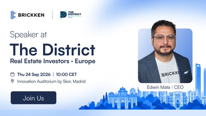 A promotional graphic announcing Edwin Mata, CEO of BrickKen, as a speaker at "The District Real Estate Investors • Europe" on Thu 24 Sep 2026 at 10:00 CET at the Innovation Auditorium by Skor, Madrid.