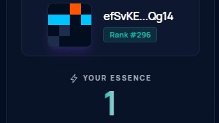 A profile display showing user 'efSvKE...0g14' with Rank #296 and 'YOUR ESSENCE' value of 1.