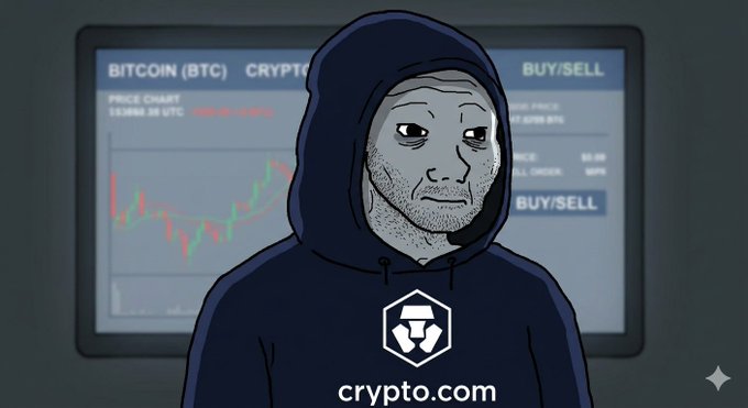 An animated illustration of a doomer character wearing a hoodie with the Crypto.com logo, standing in front of a Bitcoin price chart screen displaying a downward trend with a BUY/SELL interface.