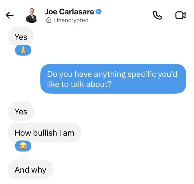 A text message conversation screenshot with Joe Carlasare showing exchanges where he replies 'Yes 🙏', then 'How bullish I am 😂', followed by 'And why'.
