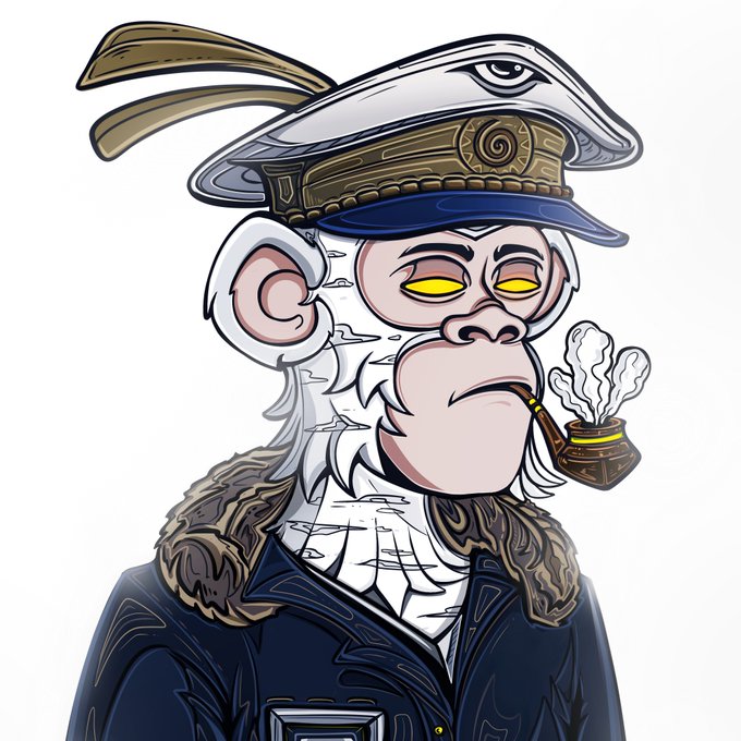 A cartoon illustration of a distinguished monkey captain with white fur and beard, wearing a navy uniform with a fur collar and a captain's hat, smoking a pipe with glowing yellow eyes.