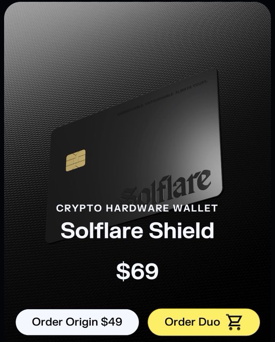 A product advertisement for the "Solflare Shield" crypto hardware wallet, priced at $69 with an "Order Origin" option of $49 and an "Order Duo" button.