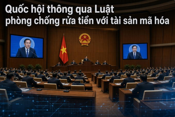 The image shows the Vietnamese National Assembly in session, with the headline "Quốc hội thông qua Luật phòng chống rửa tiền với tài sản mã hóa" (National Assembly passes Law on anti-money laundering with crypto assets), visually reinforcing the post's announcement that Vietnam has officially closed its cryptocurrency gray zone by passing legislation requiring crypto asset services to report suspicious transactions as a money laundering prevention measure.