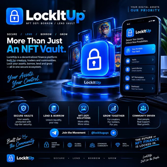 A promotional graphic for LockItUp, an NFT DeFi Borrow/Lend Vault platform, featuring features like Secure Vaults, Lend & Borrow, NFT Marketplace, and Dashboards, with the tagline 'More Than Just An NFT Vault.'