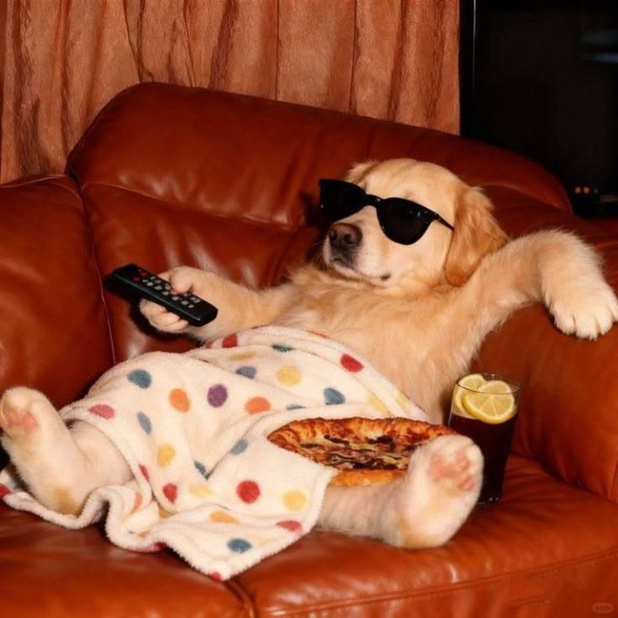 A golden retriever wearing sunglasses lounges on a leather couch holding a remote, with pizza and a drink nearby—mimicking a relaxed, indulgent lifestyle. The humorous image contrasts with the post's advice about avoiding the trap of waiting for a "dream entry" in investing, instead encouraging steady DCA (dollar-cost averaging) over sitting on the sidelines.