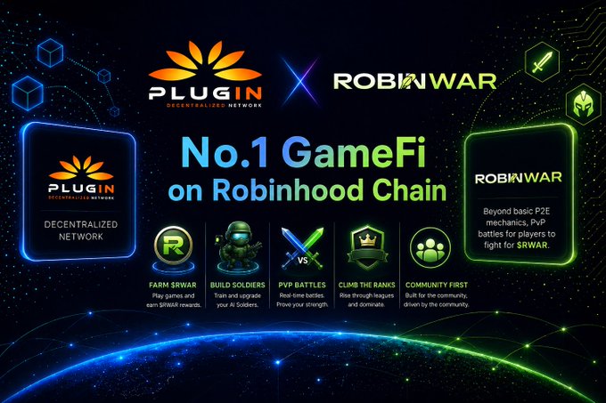 A promotional graphic for "PLUG IN X ROBINWAR" claiming to be "No.1 GameFi on Robinhood Chain," listing features like "FARM $RWAR," "BUILD SOLDIERS," and "PVP BATTLES."