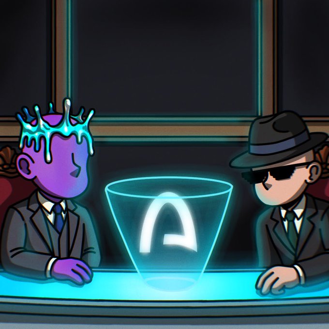 Two cartoon-suited figures—a purple-skinned character with a glowing crown and a fedora-wearing man in sunglasses—sit at a bar across from a neon martini glass displaying the letter "A," evoking the secretive, exclusive air of the password-gated form for "Professional Creatures" collectors with at least $5 in their wallets.