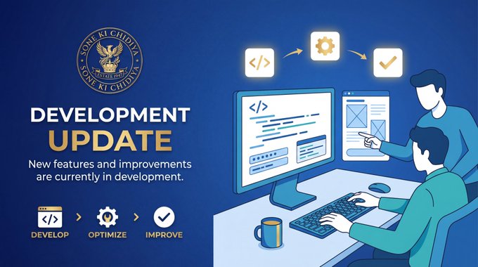 The image features a "DEVELOPMENT UPDATE" graphic for Sonne Ki Chidya (SKC), showing two developers working at a computer with code visible on the monitor, alongside a "Develop > Optimize > Improve" workflow banner. The accompanying post about the withdrawal feature development aligns with the image's theme, as the graphic visually represents the ongoing progress and optimization of SKC's withdrawal system, specifically highlighting the completion of crypto withdrawals and ongoing testing of fiat currency withdrawals.