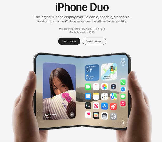 An advertisement for the 'iPhone Duo' showcases a foldable iPhone held by two hands, highlighting 'the largest iPhone display ever' with pre-orders starting on 10.16 and availability on 10.23.