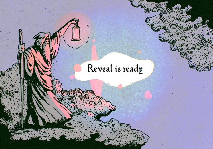 A vintage-style illustration depicts a robed figure holding a lantern amid clouds, with a speech bubble reading "Reveal is ready," signaling the long-awaited unveiling of new outlaw character traits that the community helped shape.