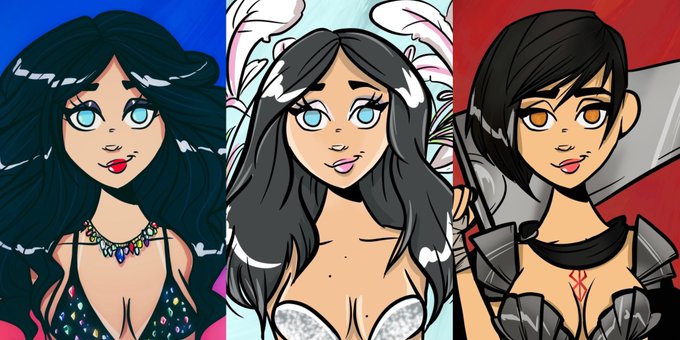 A triptych illustration of three anime-style female characters with dark hair against blue, light blue, and red backgrounds.