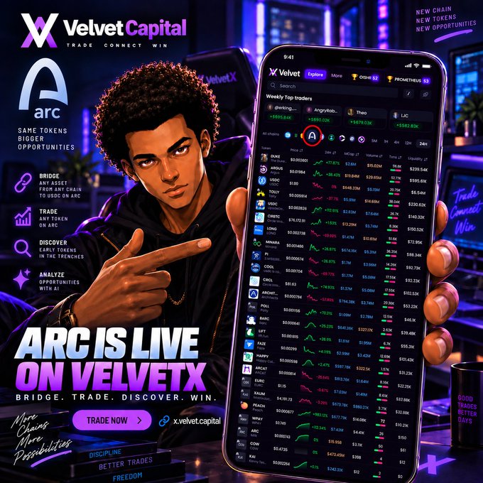 An advertisement for 'Velvet Capital' promotes the 'ARC' token with the slogan 'ARC IS LIVE ON VELVETX' and shows a mobile trading interface displaying top traders and token prices.