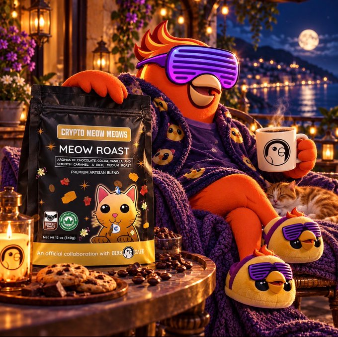 A colorful product image featuring "Crypto Meow Meows Meow Roast" premium artisan coffee blend in collaboration with Birds & Cafe, showing a cartoonish orange bird mascot in purple sunglasses and robe holding coffee, with an Angry Birds character and a real cat in a luxurious nighttime setting.