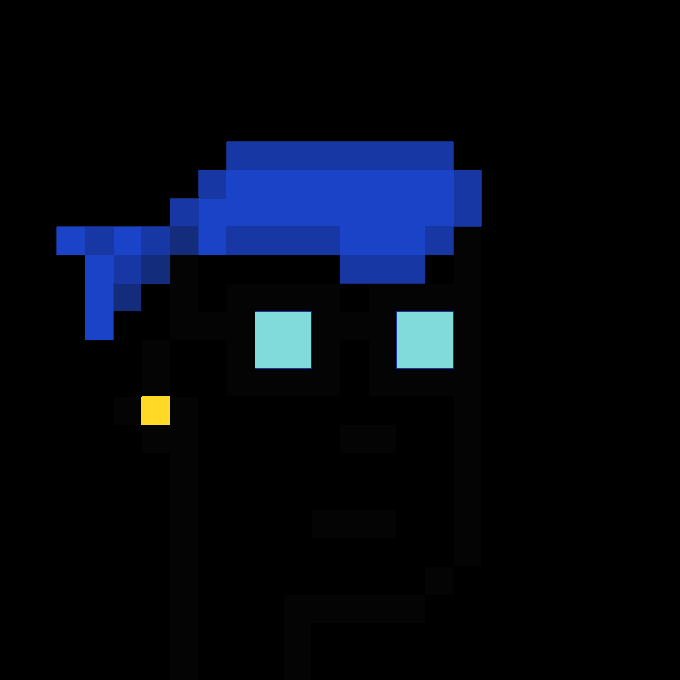 A pixel art character with a black body, cyan square eyes, a yellow square accent, and a blocky blue hairstyle or hat.