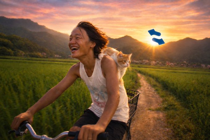 A joyful young woman laughs while riding a bicycle with a cat perched on her shoulder through a green field at sunset, with a blue wavy logo in the sky.
